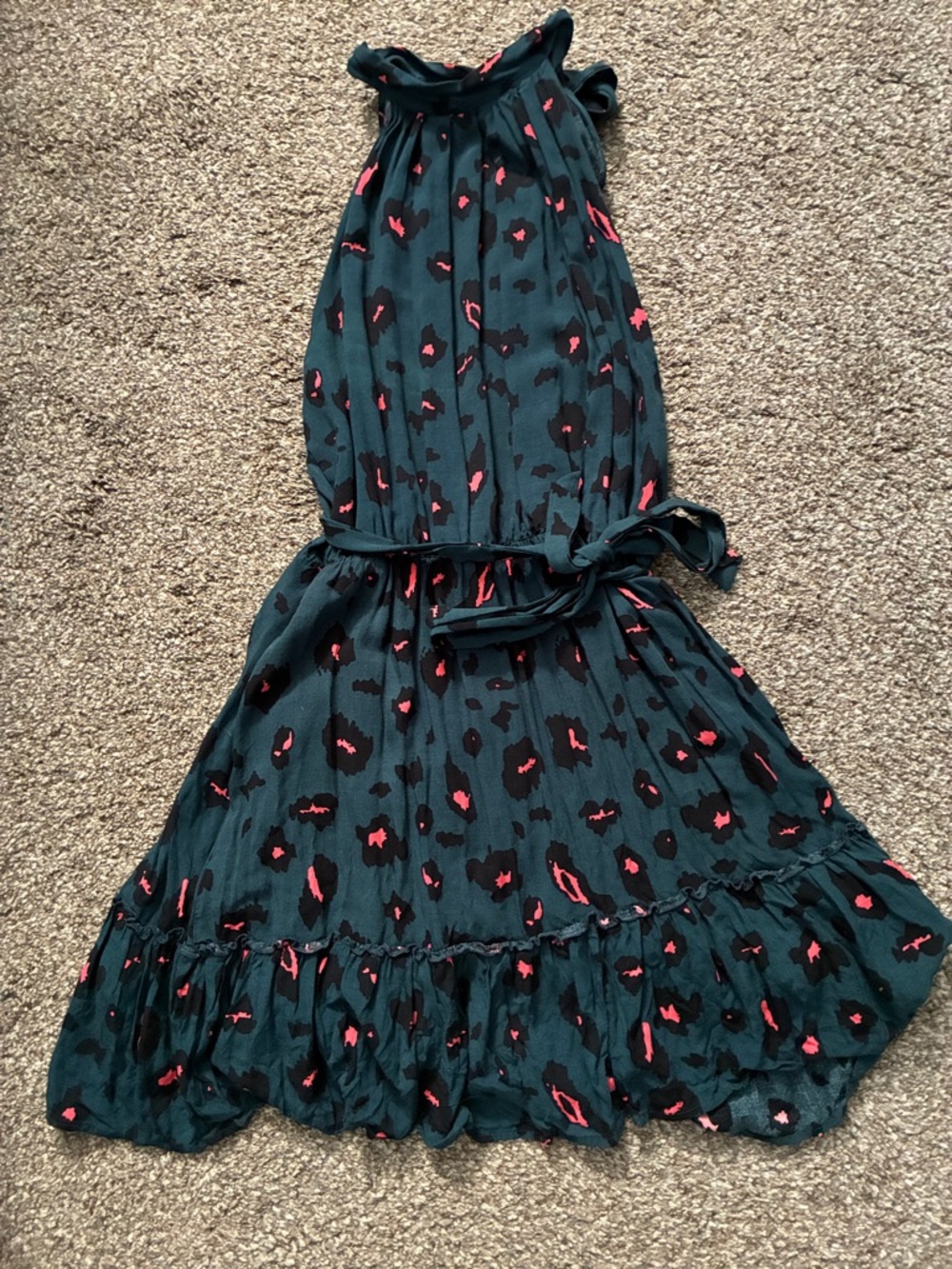 SHEIN Dark Green Midi Dress with Pink Leopard Spots